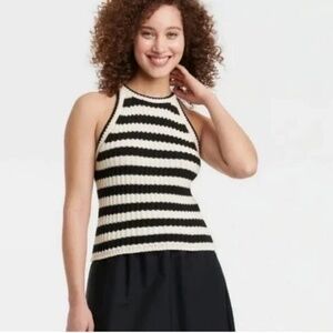Halter Neck Knit Cotton Sweater Striped